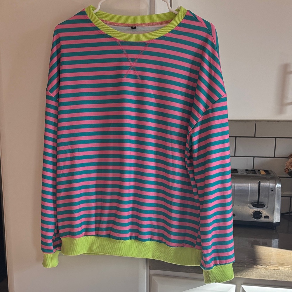 Striped Pink and Blue Sweater with Neon Green Accents